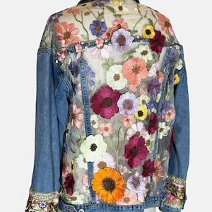Boho Sheer Floral  Embroidered  Denim Jacket, gift for her,