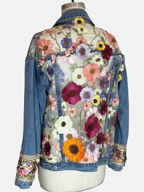 Boho Sheer Floral   Embroidered  Denim Jacket, gift for her, mom’s gift