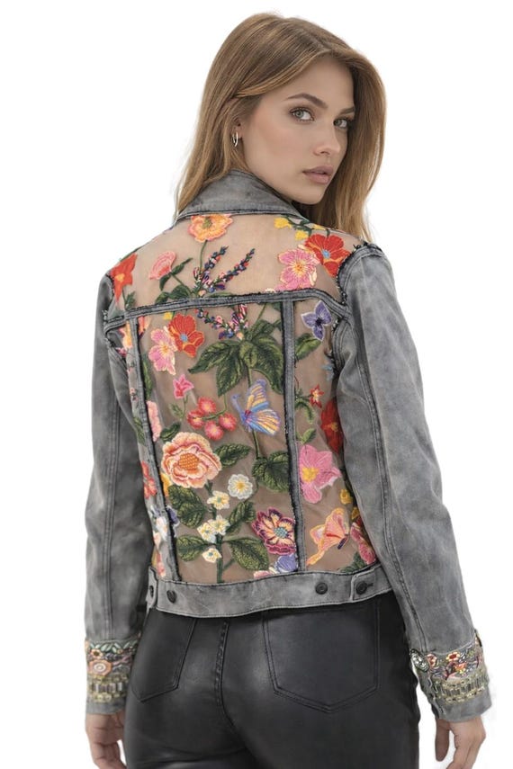 Upcycled Gray Denim Jacket, Sheer Floral Embroidery, One of a kind wearable art