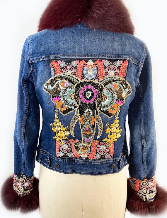 Up cycled denim jacket with burgundy fur collar and cuff