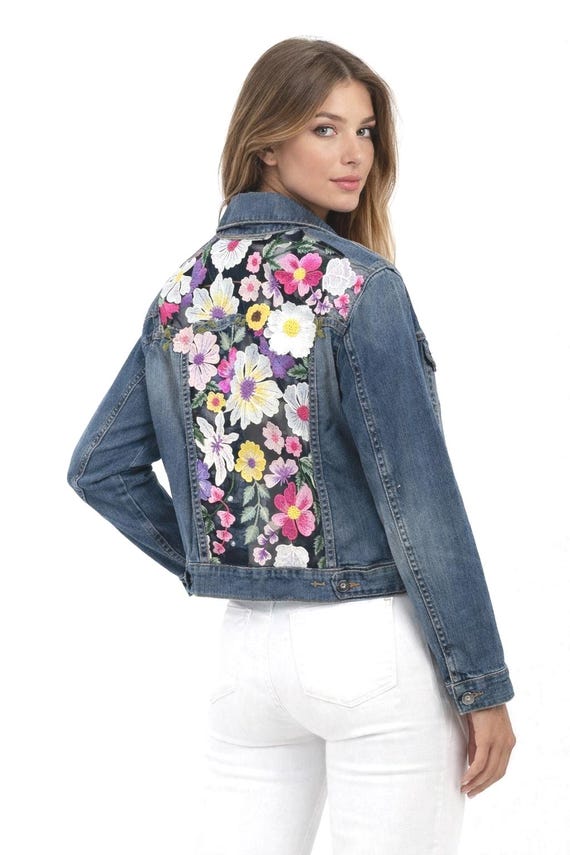 Embroidered Floral Denim Jacket, Sheer Botanical Back, Upcycled Boho Style Women's Outerwear
