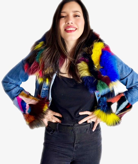 Up cycled denim jacket with a vibrant multi colored  Fur collar and cuff