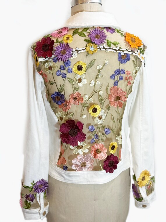 White Denim Jacket with sheer floral inserts and embellished cuff, bridal jacket, gift for her, mother’s day gift