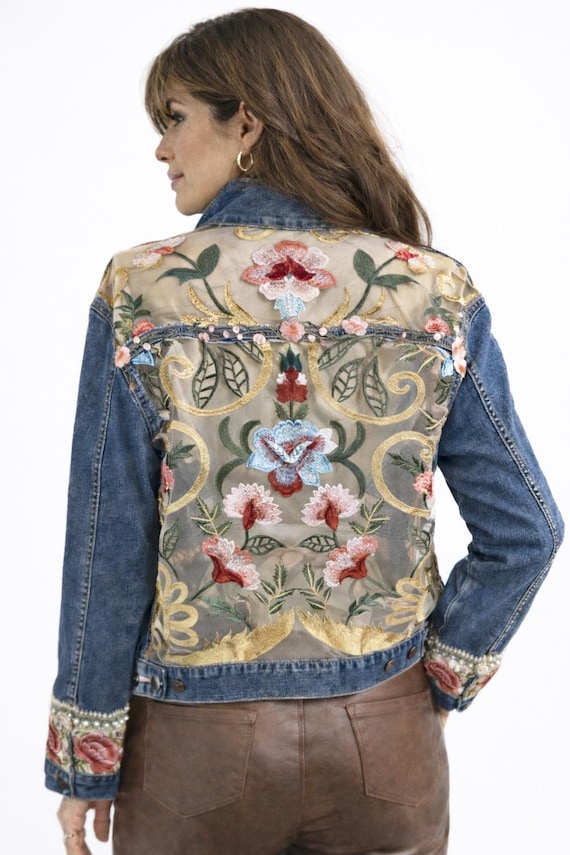 Oversized Denim Jacket, Sheer Floral Inserts, Embellished Cuff