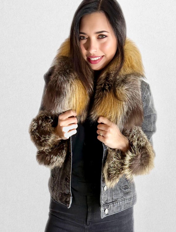 Stoned washed  black Up cycled Denim Jacket with Red Fox fur collar and cuff , rhinestone feather motif and couture cuff