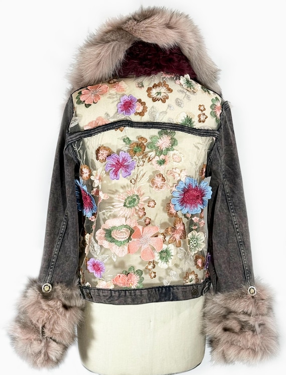 Upcycled Denim Jacket: Rose Fox Fur Collar & Lace Motif, L/XL