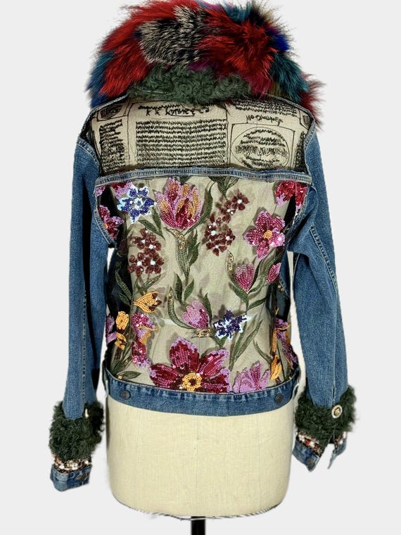 Upcycled Denim Jacket, Fox Fur Collar and Cuff, Floral Insert