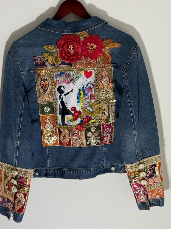 Oversized Upcycled jeans jacket, one of kind jacket, girl with balloon