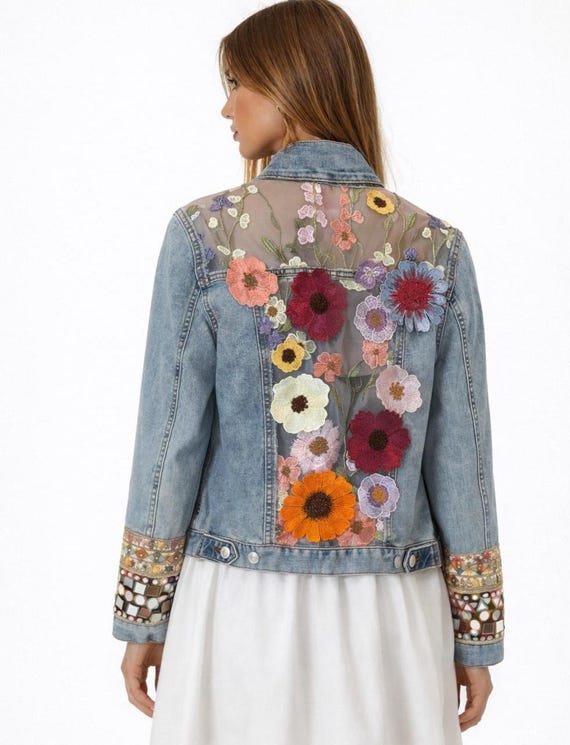 Boho Floral Denim Jacket, Sheer Mesh Back, Light wash Handmade jean jacket