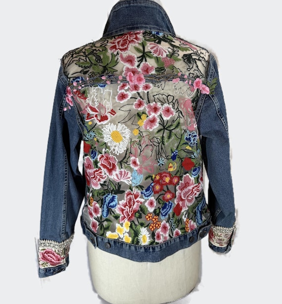 Up cycle  Denim Jacket, Sheer Floral Inserts, Embellished Cuff