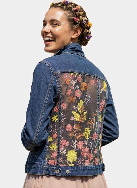 Embroidered Floral Mesh Denim Jack -Sheer Upcycled Jean Jacket,Boho Blue Denim Jacket, Fits M/L