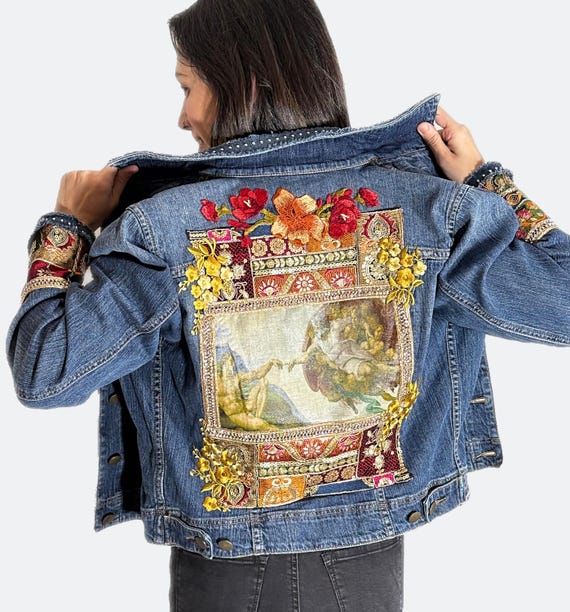 One-of-a-Kind Upcycled Denim Jacket with Stunning Embellished Sleeves,Featuring Michelangelo’s  Creation of Adam Design