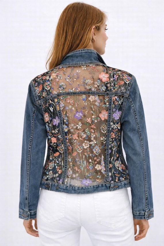 Embroidered Floral Mesh Denim Jack -Sheer Upcycled Jean Jacket,Boho Blue Denim Jacket