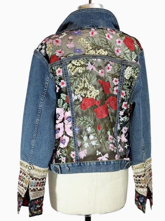 Boho Sheer Floral Embroidered  Denim Jacket,Embellished sleeves, gift for her