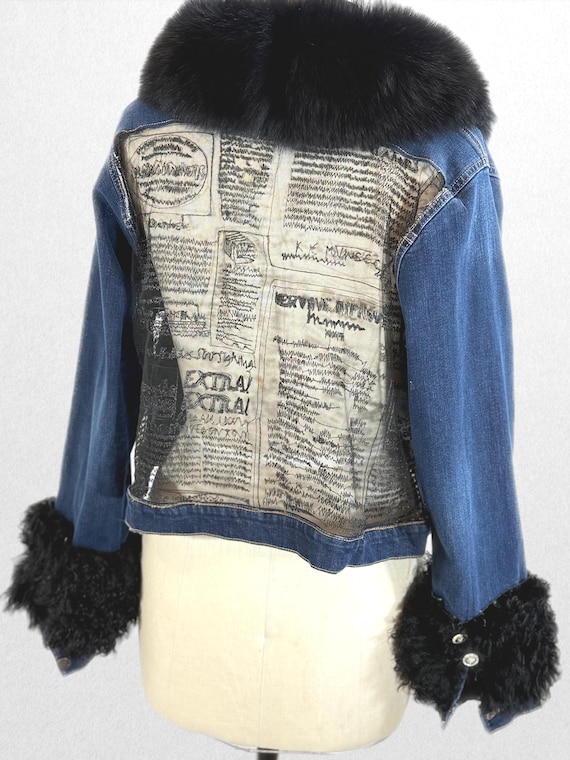 Unique Statement piece, Up cycled Jeans jacket with back mesh insert, Reworked denim jacket with fox collar