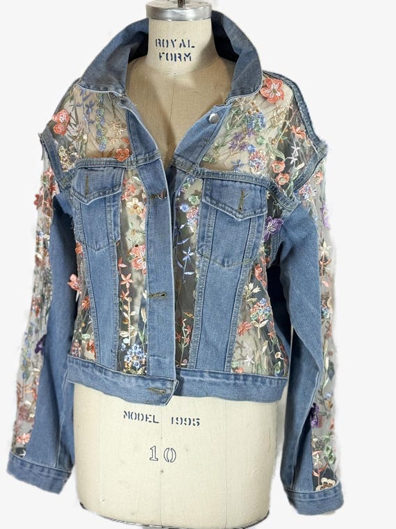 Oversized Crop Light wash denim jacket with floral  inserts , bridal jacket, gift for her
