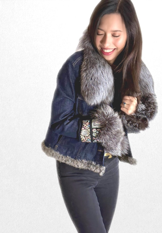 Up cycled dark denim jacket with silver fox collar & cuffs, Back Rhinestone feathers motif and cuff trim