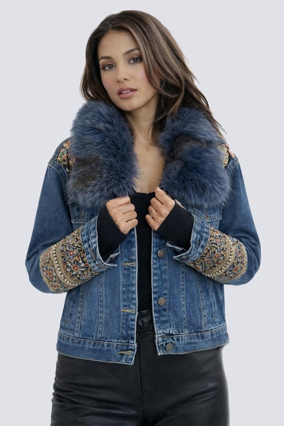 Upcycled Denim Jacket, Blue Fox Fur Collar, Embellished Cuff