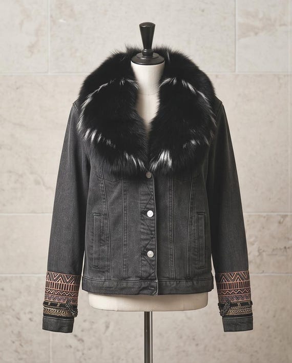 Upcycled Denim Jacket with Black Fox Fur Collar, Newspaper Back Detail. Fits L