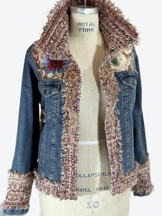 Mixed Media Denim Jacket, Up cycled jacket with tweed