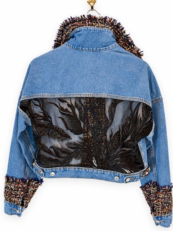 Upcycled Denim Jacket, Embroidered Lace Back, Tweed Trim Statement Piece