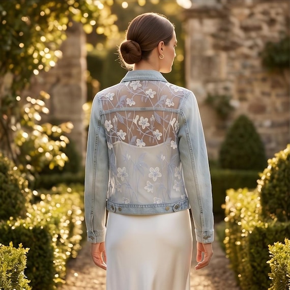 Embroidered Floral Sheer Back Denim Up cycled  Jacket,  Fits M