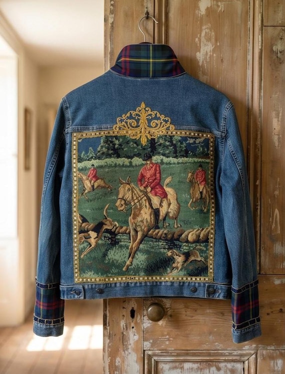 Oversized Upcycled Denim Jacket, Equestrian Horse Tapestry, Plaid Collar Cuffs