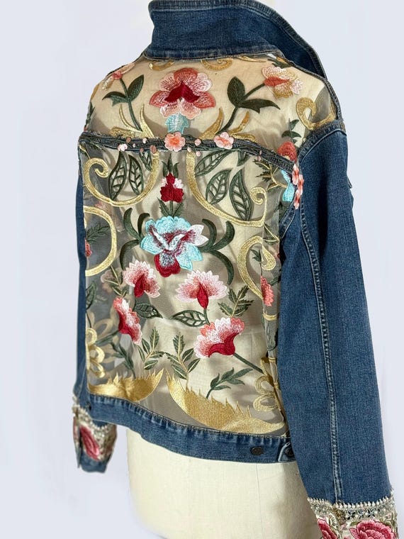 Oversized Denim Jacket, Sheer Floral Inserts, Embellished Cuff