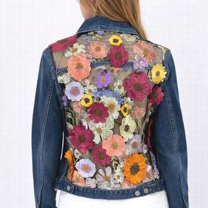 Upcycled Floral Mesh Denim Jacket Sheer Embroidered Back, One of kind Boho jean jacket Statement piece