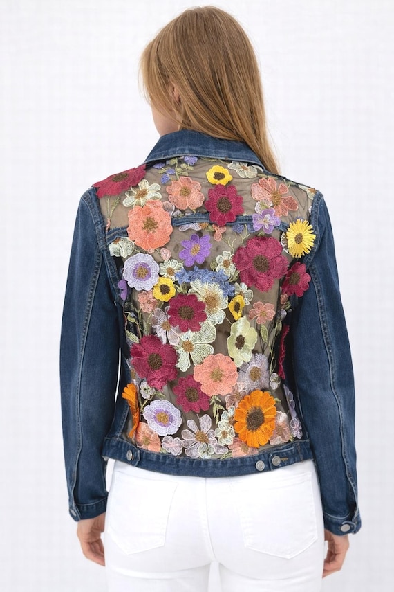 Upcycled Floral Mesh Denim Jacket Sheer Embroidered Back, One of kind Boho jean jacket Statement piece
