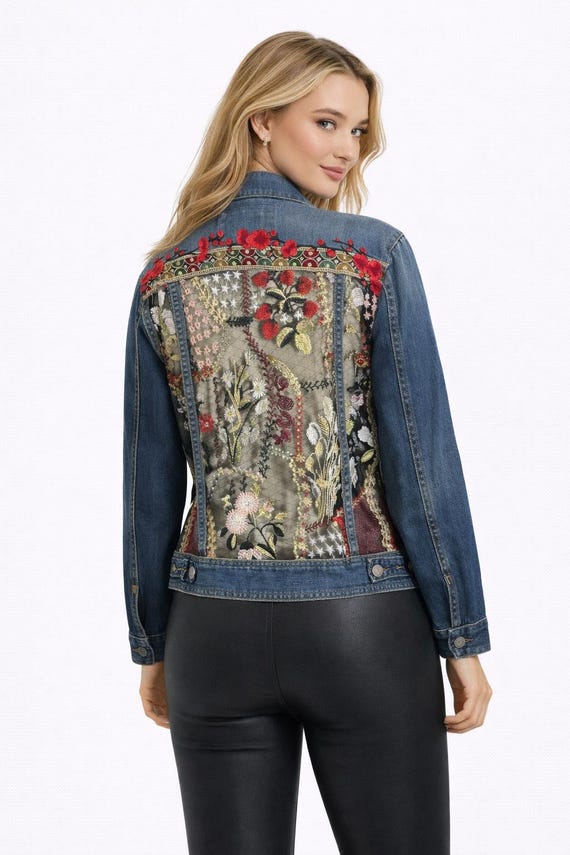 Boho Vibrant  Sheer Patchwork Embroidered Denim Jacket with Embellished Sleeves