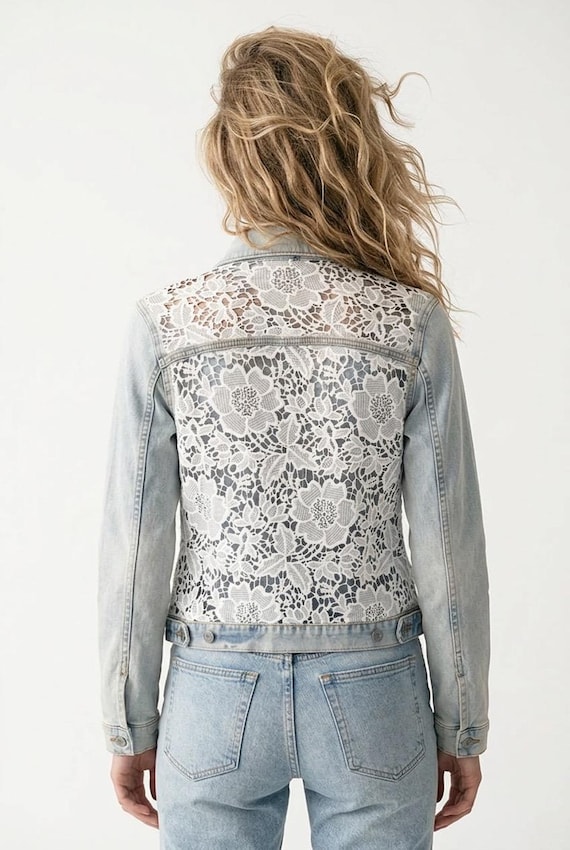 White lace Denim Jacket, Boho Bridal Wedding, M
