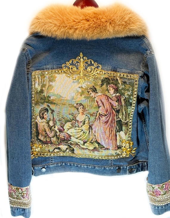 Upcycled Denim Jacket with Tapestry Motif, Fox Fur Collar, Embellished Cuffs, Boho Statement Jacket