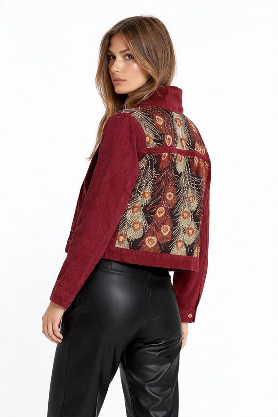 Upcycled Burgundy Jacket with Heart Embroidery-Valentine’s Day Statement Jacket