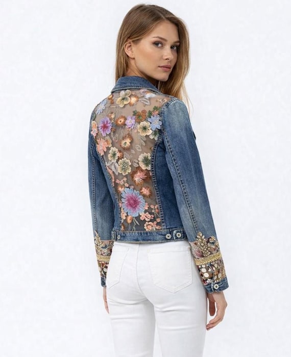 Embroidered Sheer Floral Back Denim Jacket, Upcycled Boho Statement Piece