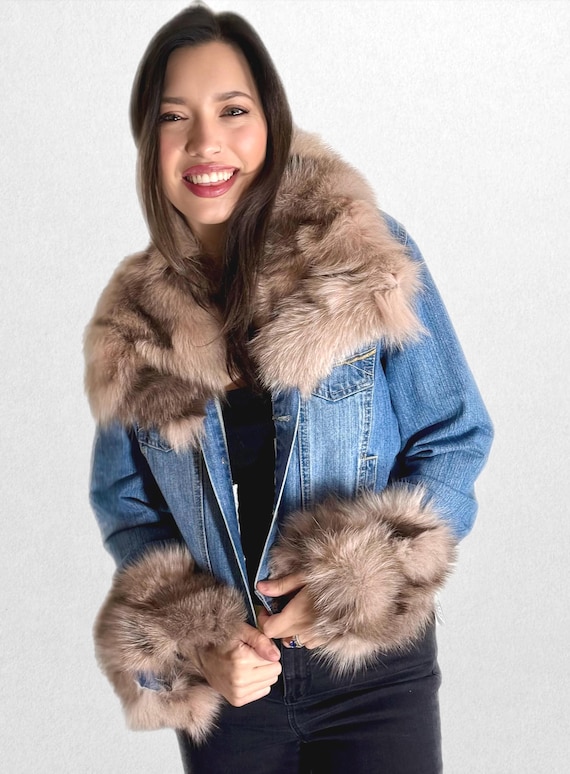 Up-cycled denim jacket with a  rose  colored fox  and Mink  Fur fox  collar   and fox cuff,  elegant feather rhinestone motif
