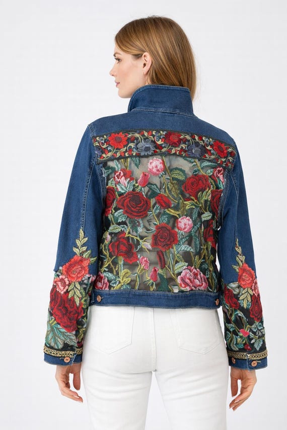 Floral Embroidered Denim Jacket, Upcycled Boho Couture, Sheer Statement Back