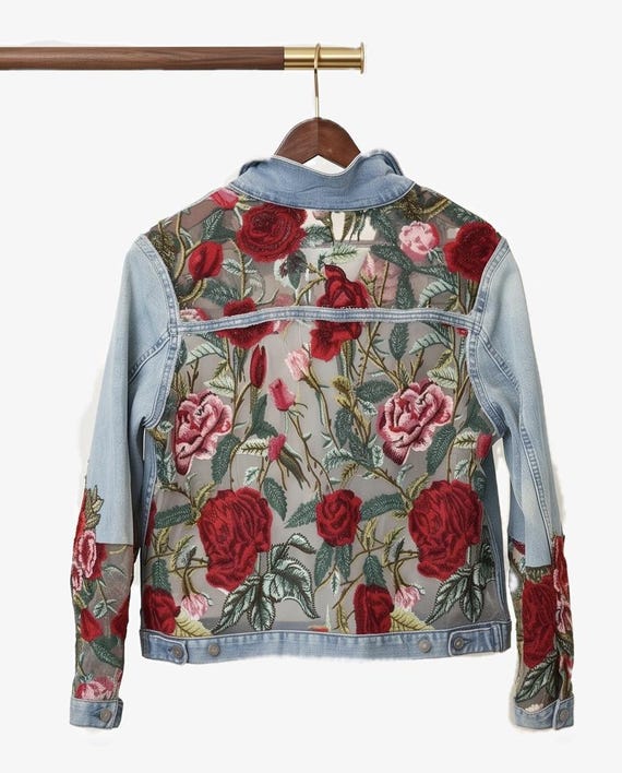 Rose Embroidered Denim Jacket, Upcycled Boho Couture, Sheer Statement Back, L