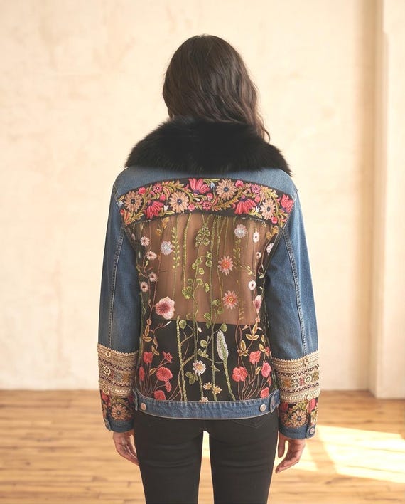 One of a Kind Statement Denim Jacket, Floral Embroidered Back, Upcycled Boho Couture, Oversized fit