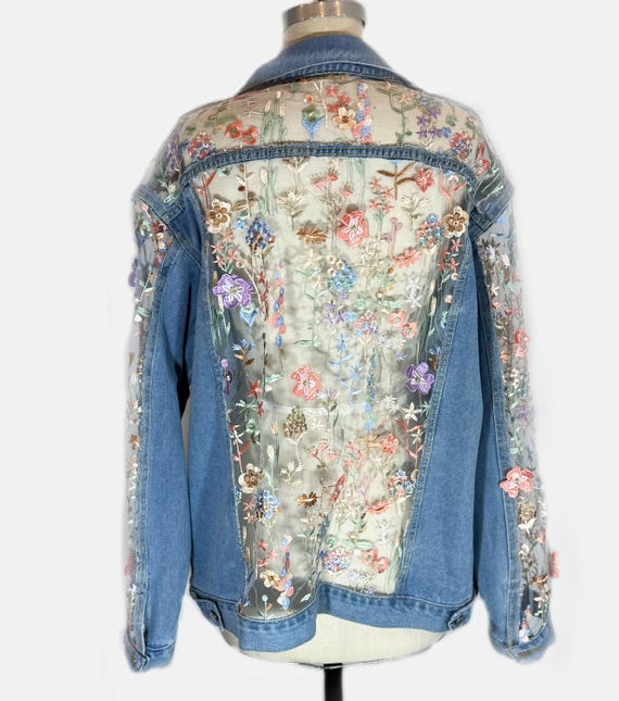 Oversized Light wash denim jacket with floral  inserts , bridal jacket, gift for her