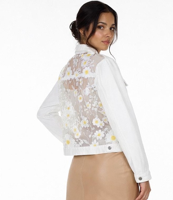 Oversized White Denim Jacket with sheer floral inserts and embellished cuff, bridal jacket, gift for her,