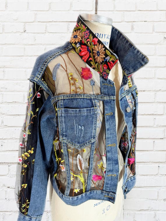 Light weight blue denim jacket with  front, back and sleeve inserts, bridal jacket, gift for her, light summer jacket