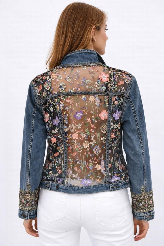 Embroidered Floral Mesh Denim Jack -Sheer Upcycled Jean Jacket,Boho Blue Denim Jacket
