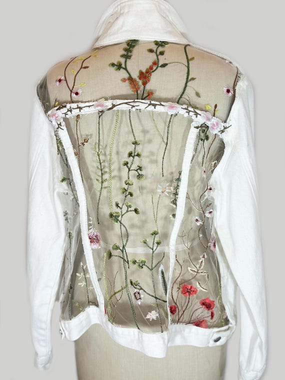 Oversized White Denim  jacket with Floral  inserts, bridal jacket, gift for her