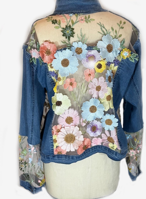 Blue Denim  jacket with Floral  inserts, bridal jacket, gift for her