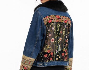 One of a Kind Statement Denim Jacket, Floral Embroidered Back, Upcycled Boho Couture, Oversized fit