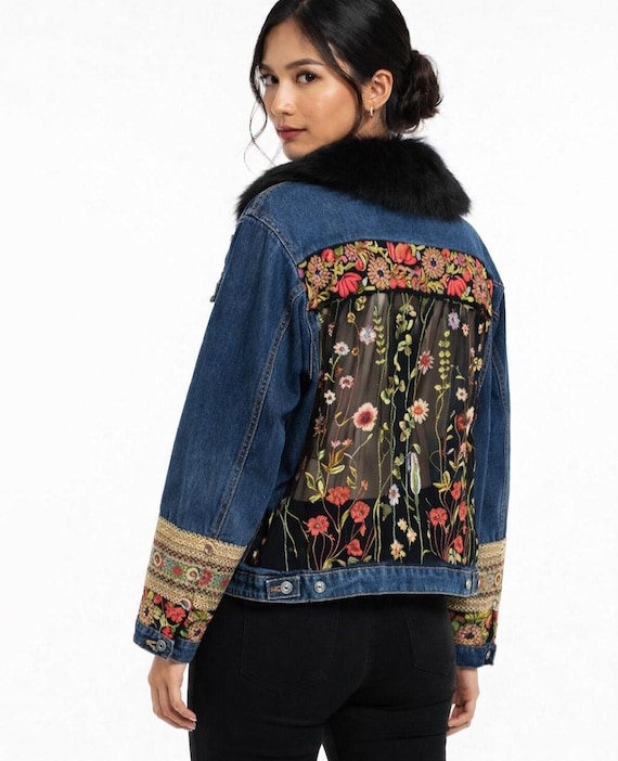 Boho Vibrant  Sheer Patchwork Embroidered Denim Jacket with Embellished Sleeves