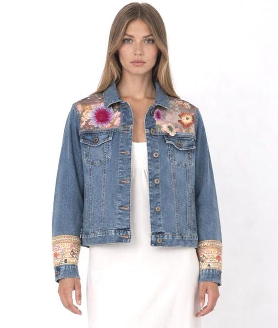 Floral Denim Light wash blue jacket with white lace  inserts and lavish embroidery , bridal jacket, gift for her, mom gift