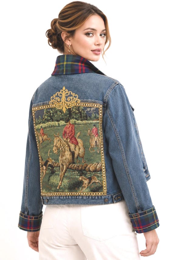 Oversized Upcycled Denim Jacket, Equestrian Horse Tapestry, Plaid Collar Cuffs