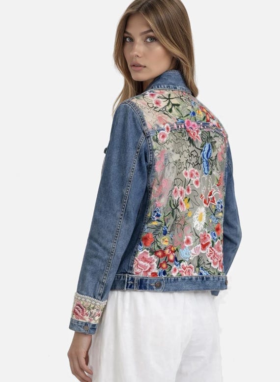 Up cycle  Denim Jacket, Sheer Floral Inserts, Embellished Cuff